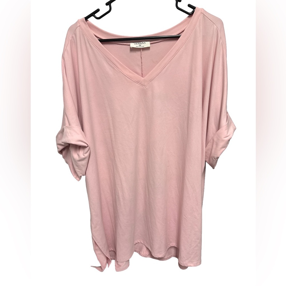 Zenana Outfitters Light Pink V-Neck Roll Sleeve Top